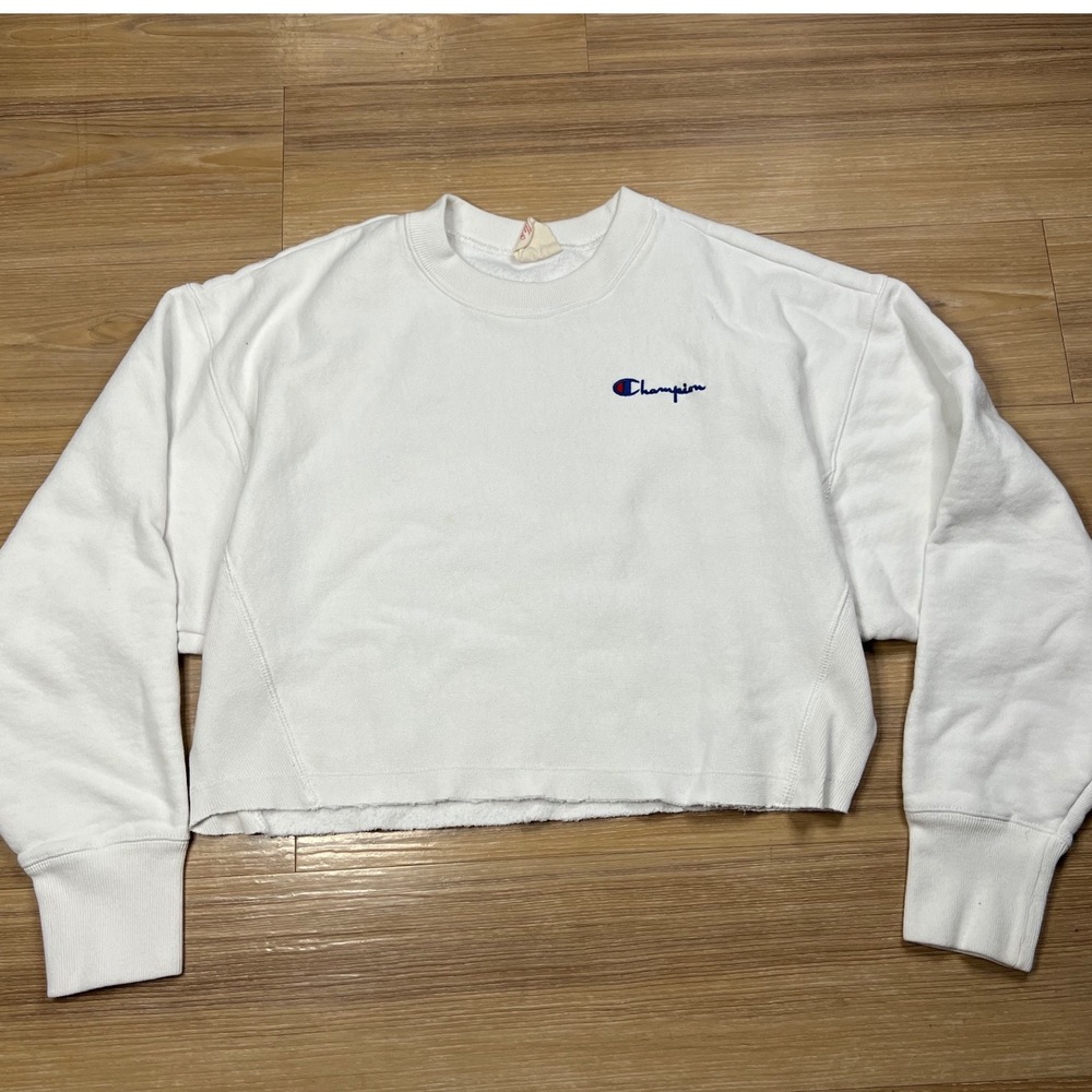 Champion Womens Sweatshirt Reverse Weave Cropped Raw Hem White Medium